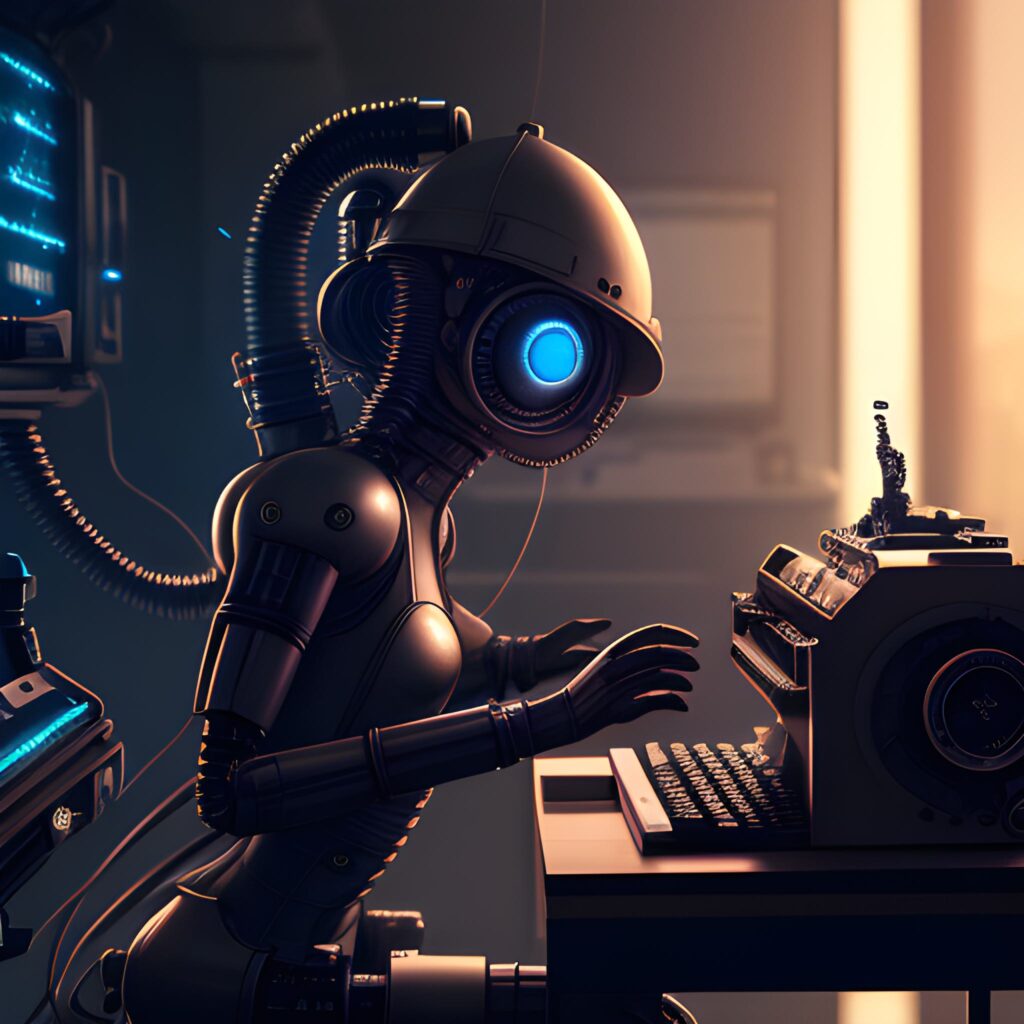 hyper realistic bio android working in front of typewriter with monitor attached deep leaps hackin Seed 3028576 Steps 25 Guidance 7.5
